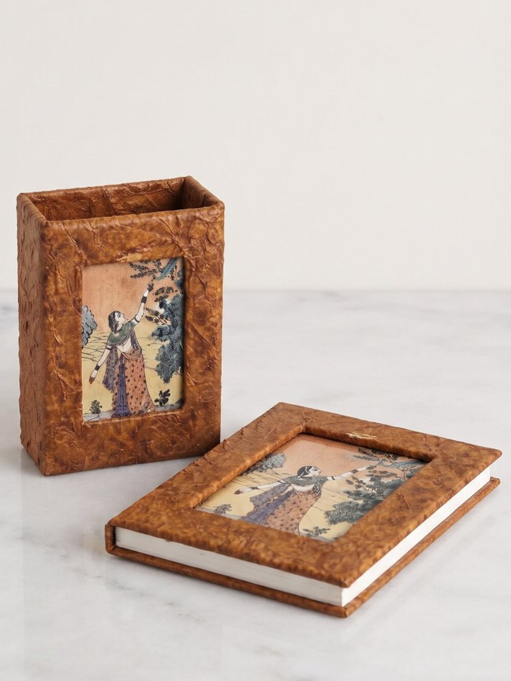 Handmade Rajasthan India Papier Mâché Pen Holder & Decorative Book Box Set Boho